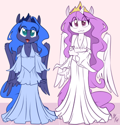 Size: 1446x1500 | Tagged: safe, artist:fuf, imported from derpibooru, princess celestia, princess luna, alicorn, anthro, big eyes, chest fluff, clothes, crown, dress, duo, explicit source, female, filly, filly celestia, filly luna, foal, folded wings, formal wear, horn, jewelry, looking at you, off shoulder, open mouth, pink-mane celestia, regalia, simple background, smiling, tiara, white background, wings, younger