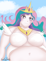 Size: 2304x3072 | Tagged: safe, artist:frenchfryfoxes, imported from derpibooru, princess celestia, human, bbw, belly, belly button, big belly, chubbylestia, fat, female, high res, humanized, solo