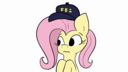 Size: 1920x1080 | Tagged: safe, artist:tjpones, imported from derpibooru, fluttershy, pegasus, pony, animated, baseball cap, bust, cap, dialogue, fbi, female, glow in the dark, glowie, hat, mare, simple background, solo, sound, talking to viewer, undercover, webm, white background