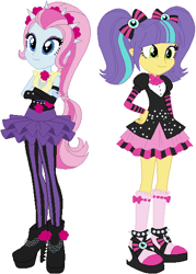 Size: 415x579 | Tagged: safe, artist:sturk-fontaine, imported from derpibooru, pixel pizazz, violet blurr, human, equestria girls, 80s, base used, crossed arms, duo, duo female, female, flower, flower in hair, gothic lolita, hand on hip, pigtails, simple background, slim, thin, twintails, white background