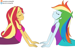 Size: 5479x3564 | Tagged: safe, artist:eagc7, imported from derpibooru, rainbow dash, sunset shimmer, human, equestria girls, wake up!, spoiler:eqg series (season 2), bare shoulders, clothes, duo, duo female, facing each other, female, ko-fi, patreon, patreon reward, simple background, sleeveless, slim, tanktop, thin, wake up!: rainbow dash, white background, yoga