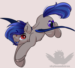 Size: 2200x2000 | Tagged: safe, artist:skyboundsiren, imported from derpibooru, oc, oc only, bat pony, pony, blue insides, chest fluff, commission, ear fluff, fangs, full body, hooves, male, red eyes, signature, simple background, simple shading, slit pupils, solo, spine