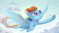 Size: 1920x1080 | Tagged: safe, artist:kisynya193, imported from derpibooru, rainbow dash, pegasus, pony, female, flying, mare, rainbow trail, sky, smiling, smirk, solo, spread wings, underhoof, wings