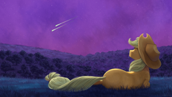 Size: 1920x1080 | Tagged: safe, artist:kisynya193, imported from derpibooru, applejack, earth pony, pony, facing away, female, implied bright mac, implied pear butter, looking up, lying down, mare, night, on side, scenery, shooting star, solo