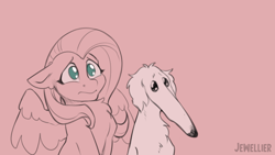 Size: 1280x720 | Tagged: safe, artist:jewellier, imported from derpibooru, fluttershy, dog, pegasus, pony, borzoi, bust, cute, didn't i do it for you, partial color, portrait, simple background, worried, youtube link