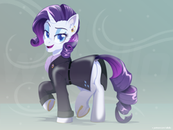 Size: 1600x1200 | Tagged: safe, artist:willoillo, imported from derpibooru, rarity, pony, unicorn, butt, clothes, coat, ear piercing, eyebrows, eyeshadow, looking at you, looking back, looking back at you, makeup, older, older rarity, open mouth, open smile, piercing, plot, rear view, rearity, scarf, signature, smiling, smiling at you, solo, trotting, winter