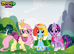 Size: 750x550 | Tagged: safe, artist:user15432, imported from derpibooru, fluttershy, rainbow dash, twilight sparkle, alicorn, pegasus, clothes, crown, dress, dress up game, dress up who, dressupwho, glasses, glitter, hair styling, hairstyle, hairstyles, jewelry, looking at you, makeover, necklace, regalia, shoes, sparkly mane, sparkly tail, tail, trio, twilight sparkle (alicorn)