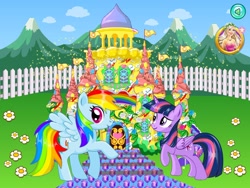 Size: 800x600 | Tagged: safe, artist:user15432, imported from derpibooru, rainbow dash, twilight sparkle, alicorn, castle, dress up who, dressup game, dressupwho, flag, flag pole, stock vector, twilight sparkle (alicorn)