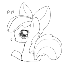 Size: 500x490 | Tagged: safe, artist:ho_ti_, imported from derpibooru, apple bloom, earth pony, pony, butt, female, filly, foal, lineart, looking at you, looking back, looking back at you, plot, simple background, sitting, smiling, solo, sparkles, white background