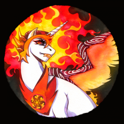 Size: 1922x1917 | Tagged: safe, artist:kanoharu, imported from derpibooru, daybreaker, alicorn, pony, armor, eyelashes, fangs, female, fire, flowing mane, gem, helmet, horn, ink, ink drawing, looking at you, mane of fire, mare, peytral, red eyes, simple background, solo, spread wings, teeth, traditional art, watercolor painting, wing armor, wings