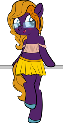 Size: 1280x2497 | Tagged: safe, artist:alexdti, imported from derpibooru, oc, oc only, oc:purple creativity, pegasus, pony, bipedal, blushing, clothes, glasses, simple background, skirt, solo, top, transparent background