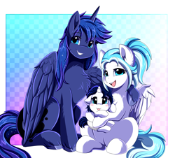 Size: 2746x2484 | Tagged: safe, artist:pridark, imported from derpibooru, princess luna, oc, alicorn, pegasus, pony, unicorn, baby, baby pony, canon x oc, chest fluff, family, floppy ears, foal, horn, parent:princess luna, pegasus oc, rule 63, tongue out, unicorn oc, wings