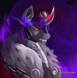 Size: 1914x1925 | Tagged: safe, artist:caddea, imported from derpibooru, king sombra, pony, unicorn, black mane, chains, clothes, coat, colored horn, crown, curved horn, digital art, fangs, flowing mane, horn, jewelry, looking at you, male, peytral, red eyes, regalia, solo, sombra eyes, sombra horn, stallion