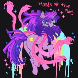 Size: 850x850 | Tagged: safe, alternate version, artist:batthsalts, imported from derpibooru, twilight sparkle, pony, unicorn, alternate cutie mark, black background, butt, butt tail, open mouth, plot, rainbow, simple background, solo, unicorn twilight