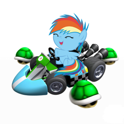 Size: 1600x1600 | Tagged: safe, artist:beavernator, imported from derpibooru, rainbow dash, pegasus, pony, turtle, baby, baby dash, baby pony, cute, dashabetes, eyes closed, female, filly, foal, mario kart, open mouth, open smile, simple background, smiling, solo, white background, younger