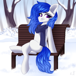 Size: 2000x2000 | Tagged: safe, artist:rinteen, imported from derpibooru, oc, oc only, pegasus, pony, bench, clothes, scarf, snow, solo, tree