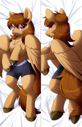 Size: 1100x1699 | Tagged: safe, artist:scarlet-spectrum, imported from derpibooru, oc, oc only, oc:talu gana, pegasus, pony, semi-anthro, body pillow, briefs, chest fluff, chin fluff, clothes, concave belly, fluffy, leg fluff, male, partially open wings, slim, solo, stallion, thin, underhoof, underwear, unshorn fetlocks, wings