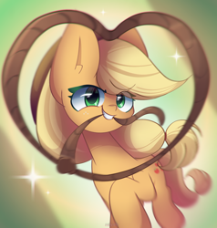 Size: 1900x2000 | Tagged: safe, artist:miryelis, imported from derpibooru, applejack, earth pony, pony, applejack's hat, big ears, cowboy hat, cute, hat, heart, impossibly large ears, jackabetes, lasso, looking at you, rope, running, smiling, smiling at you, solo