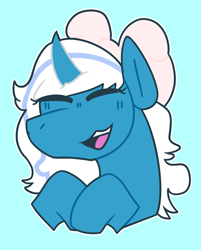 Size: 1467x1822 | Tagged: safe, artist:dragons163, imported from derpibooru, oc, oc only, oc:fleurbelle, alicorn, pony, alicorn oc, blue background, bow, eyes closed, female, hair bow, happy, horn, laughing, mare, simple background, solo, wings