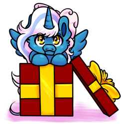 Size: 500x510 | Tagged: safe, artist:wildnature03, imported from derpibooru, oc, oc only, oc:fleurbelle, alicorn, pony, alicorn oc, bow, box, christmas presents, hair bow, horn, if i fits i sits, looking at you, present, simple background, solo, transparent background, wings, yellow eyes