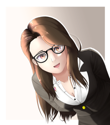 Size: 2800x3200 | Tagged: safe, artist:nihithebrony, imported from derpibooru, oc, oc only, oc:sonata, human, breasts, brown eyes, brown hair, cleavage, clothes, elements of justice, female, glasses, gradient background, humanized, humanized oc, lawyer, leaning forward, looking at you, open mouth, smiling, smiling at you, solo, suit, turnabout storm, unbuttoned