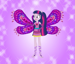 Size: 843x721 | Tagged: safe, artist:loladreamteam, artist:selenaede, artist:user15432, imported from derpibooru, twilight sparkle, alicorn, fairy, human, equestria girls, alternate hairstyle, barefoot, barely eqg related, base used, boots, clothes, colored wings, crossover, dress, enchantix, fairy wings, fairyized, feet, gloves, gradient wings, long hair, motorcross, open mouth, ponied up, purple background, purple dress, purple wings, shoes, simple background, sparkly background, twilight sparkle (alicorn), wings, winx, winx club, winxified