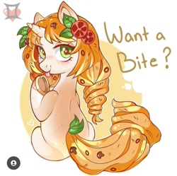 Size: 1079x1074 | Tagged: safe, artist:lemondoods, imported from derpibooru, food pony, original species, pizza pony, pony, unicorn, food, looking at you, looking back, looking back at you, pizza, ponified, solo, spine, tongue out, underhoof