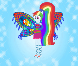 Size: 843x722 | Tagged: safe, artist:loladreamteam, artist:selenaede, artist:user15432, imported from derpibooru, rainbow dash, fairy, human, equestria girls, alternate hairstyle, barefoot, barely eqg related, base used, blue background, clothes, colored wings, crossover, dress, enchantix, fairy wings, fairyized, feet, gloves, gradient wings, hand on hip, long hair, multicolored wings, pink dress, ponied up, ponytail, rainbow dress, rainbow wings, simple background, smiling, sparkly background, wings, winx, winx club, winxified