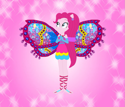 Size: 843x722 | Tagged: safe, artist:loladreamteam, artist:selenaede, artist:user15432, imported from derpibooru, pinkie pie, fairy, human, equestria girls, alternate hairstyle, barefoot, barely eqg related, base used, clothes, colored wings, crossover, ear piercing, earring, enchantix, fairy wings, fairyized, feet, gloves, gradient wings, hands together, jewelry, long hair, piercing, pink background, pink dress, pink wings, ponied up, ponytail, simple background, smiling, sparkly background, wings, winx, winx club, winxified