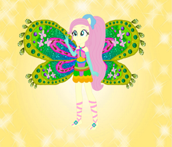 Size: 843x722 | Tagged: safe, artist:loladreamteam, artist:selenaede, artist:user15432, imported from derpibooru, fluttershy, fairy, human, equestria girls, alternate hairstyle, barefoot, barely eqg related, base used, clothes, colored wings, crossover, enchantix, fairy wings, fairyized, feet, gloves, gradient wings, long hair, peace sign, pink dress, ponied up, ponytail, simple background, smiling, sparkly background, wings, winx, winx club, winxified, yellow background, yellow wings