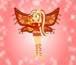 Size: 842x722 | Tagged: safe, artist:loladreamteam, artist:selenaede, artist:user15432, imported from derpibooru, sunset shimmer, fairy, human, equestria girls, alternate hairstyle, barefoot, barely eqg related, base used, boots, clothes, colored wings, crossover, dress, enchantix, fairy wings, fairyized, feet, gloves, gradient wings, hand on hip, long hair, motorcross, ponied up, red background, red dress, red wings, shoes, simple background, smiling, sparkly background, wings, winx, winx club, winxified