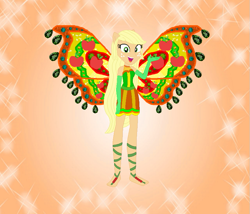 Size: 843x722 | Tagged: safe, artist:loladreamteam, artist:selenaede, artist:user15432, imported from derpibooru, applejack, fairy, human, equestria girls, alternate hairstyle, barefoot, barely eqg related, base used, clothes, colored wings, crossover, dress, enchantix, fairy wings, fairyized, feet, gloves, gradient wings, green dress, long hair, open mouth, orange background, orange wings, ponied up, simple background, sparkly background, wings, winx, winx club, winxified