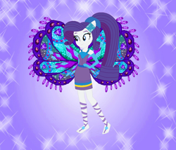 Size: 842x722 | Tagged: safe, artist:loladreamteam, artist:selenaede, artist:user15432, imported from derpibooru, rarity, fairy, human, equestria girls, alternate hairstyle, barefoot, barely eqg related, base used, clothes, colored wings, crossover, dress, enchantix, fairy wings, fairyized, feet, gloves, gradient wings, hand on hip, long hair, ponied up, ponytail, purple background, purple dress, purple wings, simple background, smiling, sparkly background, wings, winx, winx club, winxified