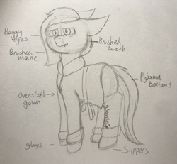 Size: 1007x932 | Tagged: safe, artist:lil_vampirecj, imported from derpibooru, oc, oc only, oc:cj vampire, earth pony, pony, bags under eyes, clothes, ears back, label, sketch, solo, text, tired, traditional art