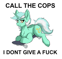 Size: 2609x2503 | Tagged: safe, artist:reddthebat, imported from derpibooru, lyra heartstrings, pony, unicorn, butt, ear fluff, female, l.u.l.s., mare, plot, simple background, skateboard, smiling, smirk, solo, text, vulgar, white background