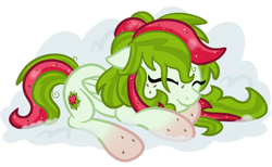 Size: 2280x1408 | Tagged: safe, artist:sjart117, imported from derpibooru, oc, oc only, oc:watermelana, pony, cloud, female, freckles, gradient hooves, mare, simple background, sleeping, smiling, solo, transparent background