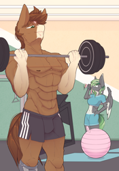 Size: 2800x4000 | Tagged: safe, artist:chapaevv, imported from derpibooru, part of a set, oc, oc only, oc:iron aegis, oc:jade stonesetter, anthro, breasts, clothes, commission, drinking, exercise ball, female, gym, gym shorts, gym uniform, male, male nipples, muscles, muscular male, nipples, nudity, partial nudity, sweat, sweatdrops, topless, weight lifting, weights