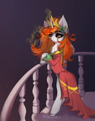 Size: 3136x4000 | Tagged: source needed, safe, artist:purlinka, imported from derpibooru, oc, oc only, oc:freudensonne, pony, unicorn, alcohol, clothes, dress, jewelry, magic, regalia, solo, telekinesis, wine