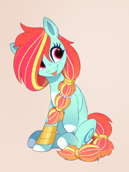 Size: 1662x2217 | Tagged: safe, artist:luminousdazzle, imported from derpibooru, oc, oc only, oc:nova, earth pony, pony, :p, blank flank, bracelet, female, jewelry, mare, markings, simple background, sitting, smiling, solo, tongue out