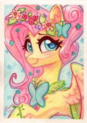 Size: 1471x2076 | Tagged: safe, artist:dandy, imported from derpibooru, fluttershy, butterfly, pony, blushing, butterfly hairpin, clothes, cute, dress, ear fluff, female, flower, flower in hair, gala dress, heart, heart eyes, looking at you, shyabetes, smiling, smiling at you, solo, traditional art, watercolor painting, wingding eyes