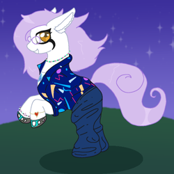 Size: 500x500 | Tagged: safe, imported from derpibooru, oc, oc only, oc:mockery, earth pony, pony, amber eyes, bracelet, clothes, denim, digital art, earth pony oc, eyeliner, glasses, grass, grin, jeans, jewelry, long ears, looking at you, makeup, male, mane, necklace, night, night sky, pants, purple hair, purple mane, purple tail, rearing, round glasses, shadow, shirt, shoes, sky, smiling, solo, stallion, stars, tail, white fur