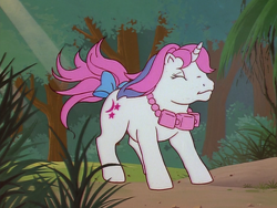 Size: 960x720 | Tagged: safe, imported from derpibooru, screencap, baby moondancer, pony, unicorn, escape from catrina, my little pony 'n friends, baby, baby pony, bow, female, filly, foal, g1, jewelry, necklace, solo, tail, tail bow