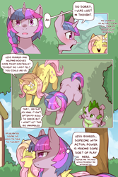 Size: 960x1440 | Tagged: safe, artist:cold-blooded-twilight, imported from derpibooru, fluttershy, spike, twilight sparkle, dragon, pegasus, pony, unicorn, cold blooded twilight, comic:cold storm, alternate design, blushing, comic, dialogue, eyes closed, female, flower, flower in hair, mare, open mouth, open smile, smiling, speech bubble, thought bubble, unicorn twilight