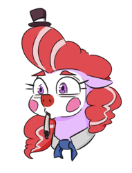 Size: 295x386 | Tagged: safe, artist:jargon scott, imported from derpibooru, oc, oc only, oc:clown pony, earth pony, pony, bust, cigarette, clown, clown makeup, female, floppy ears, hat, mare, mouth hold, simple background, solo, tiny hat, top hat, white background