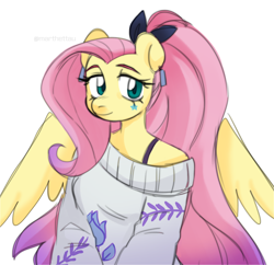 Size: 2064x2000 | Tagged: safe, artist:marthettau, imported from derpibooru, fluttershy, anthro, pegasus, alternate hairstyle, clothes, ear piercing, earring, female, high res, jewelry, long hair, mare, off shoulder, off shoulder sweater, piercing, ponytail, simple background, smiling, solo, sweater, white background