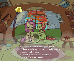 Size: 3310x2744 | Tagged: safe, artist:ciborgen, imported from derpibooru, fluttershy, tree hugger, bird, earth pony, horse, pegasus, pony, bong, drugs, duo, female, fisheye lens, flutterhigh, fluttershy's cottage, gritted teeth, high, high res, horse collar, joint, mare, marijuana, older, older fluttershy, sitting, smoke, teeth, text, tree stoner