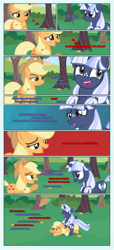 Size: 1919x4225 | Tagged: safe, artist:estories, imported from derpibooru, applejack, oc, oc:silverlay, earth pony, original species, pony, unicorn, comic:a(pple)ffection, apple, apple tree, applejack's hat, canon x oc, comic, cowboy hat, duo, eyes closed, female, food, freckles, hat, intertwined trees, lesbian, mare, marriage proposal, open mouth, pear tree, rock, shipping, silverjack, tree, umbra pony, uvula, vector