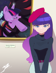 Size: 1000x1300 | Tagged: safe, artist:aetherionart, imported from derpibooru, rarity, twilight sparkle, human, pony, unicorn, alternate hairstyle, art gallery, beatnik rarity, beret, breasts, clothes, crossover, crossover shipping, crying, ear piercing, earring, female, hat, humanized, jewelry, looking at you, male, mare, piercing, shadow the hedgehog, shadtwi, shipping, solo, sonic the hedgehog (series), straight, sweater