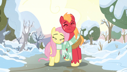 Size: 1920x1080 | Tagged: safe, edit, edited screencap, imported from derpibooru, screencap, big macintosh, fluttershy, earth pony, pegasus, pony, the perfect pear, blushing, character swap, clothes, cute, duo, eyes closed, female, fluttermac, height difference, macabetes, male, mare, scarf, shared clothing, shared scarf, shipping, shyabetes, smiling, snow, snowfall, stallion, straight, striped scarf, tree, walking, winter