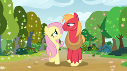 Size: 1920x1080 | Tagged: safe, edit, edited screencap, imported from derpibooru, screencap, big macintosh, fluttershy, earth pony, pegasus, pony, the perfect pear, apple, apple tree, blushing, character swap, duo, female, flower, fluttermac, height difference, looking at each other, looking at someone, male, mare, pear tree, shipping, smiling, smiling at each other, spring, stallion, straight, tree, walking